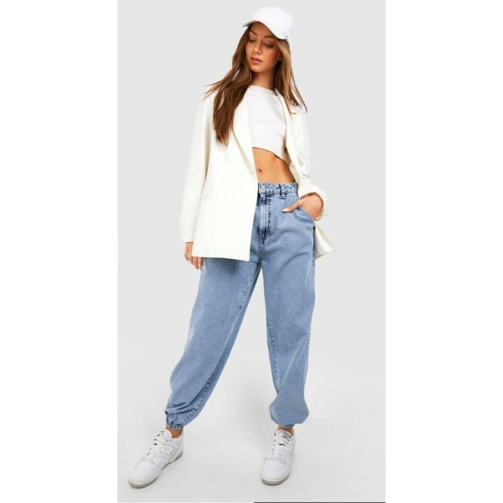 Womens Wide Leg Denim Joggers Baggy Grunge Acid Washed Comfy Size 12 Pockets